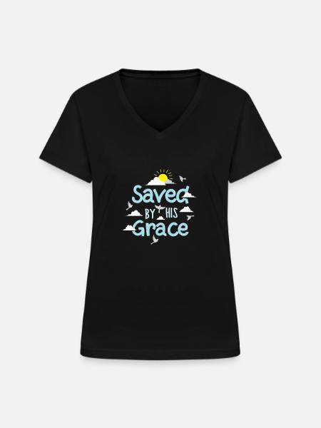 Saved By His Grace - Frauen-T-Shirt mit V-Ausschnitt - Schwarz