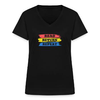 Lire la bibliothèque de chemises Retrun Repeat - T-shirt col V Femme - noir - Devant - Lela (165cm)