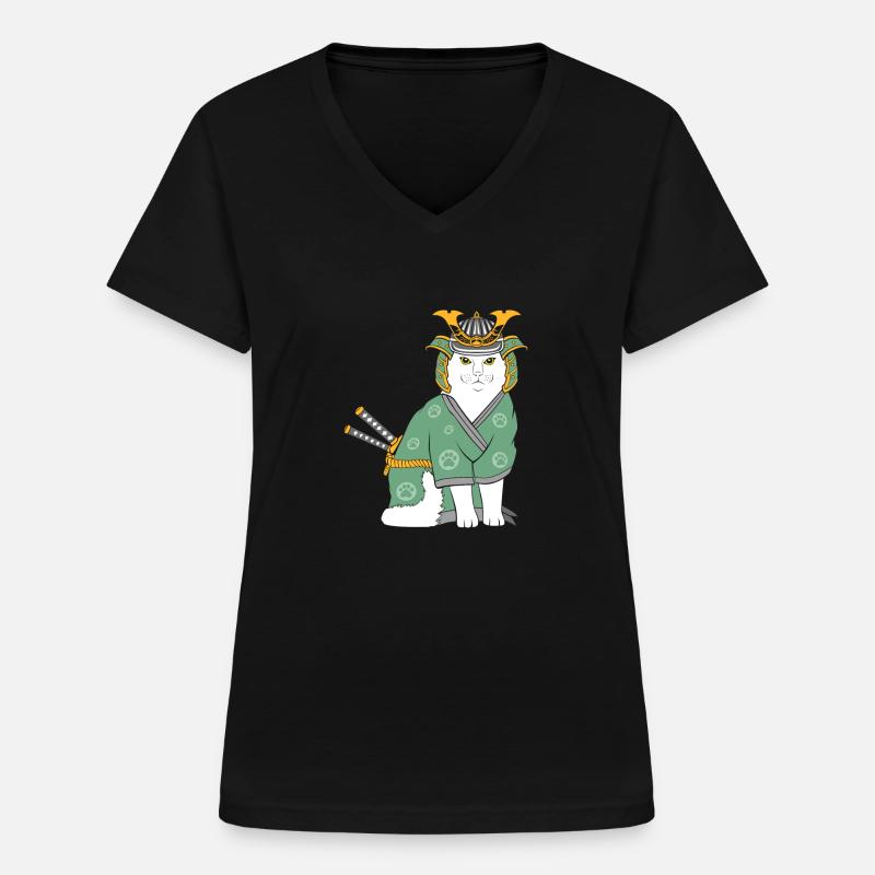 Neko Samurai Funny - Women's V-neck T-shirt - black