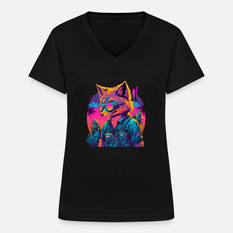 Retro Futuristic Synthwave Fox - Frauen-T-Shirt mit V-Ausschnitt - Schwarz