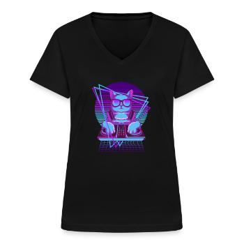 Vaporwave Cat DJ Chat de bureau - T-shirt col V Femme - noir - Devant - Lela (165cm)
