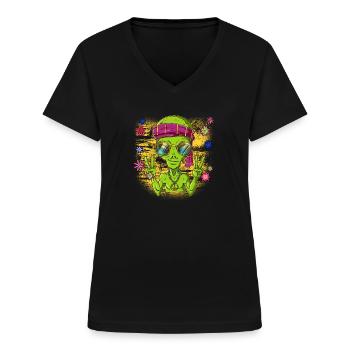 60s 70s Costume Groovy Hippie - T-shirt col V Femme - noir - Devant - Lela (165cm)