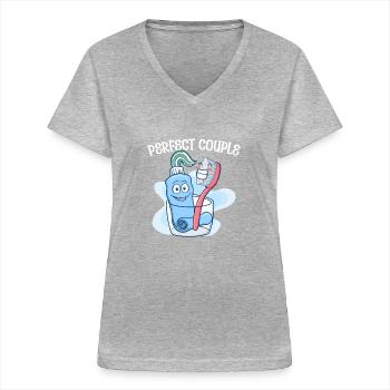 Paar Zahnbürste Zahnpasta Süß - Frauen-T-Shirt mit V-Ausschnitt - Grau meliert - Vorne - Lela (165cm)