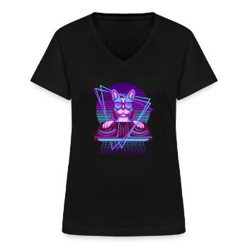 Techno Hund Vaporwave DJ Französische Bulldogge - Frauen-T-Shirt mit V-Ausschnitt - Schwarz - Vorne - Lela (165cm)