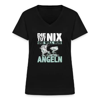 Damen Die tut nix die will nur angeln | Anglerin - Frauen-T-Shirt mit V-Ausschnitt - Schwarz - Vorne - Lela (165cm)