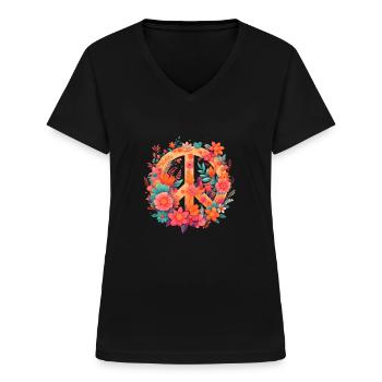 Peace Sign World Love Flowers Hippie Groovy Vibes - Women's V-neck T-shirt - black - Front - Lela (165cm)