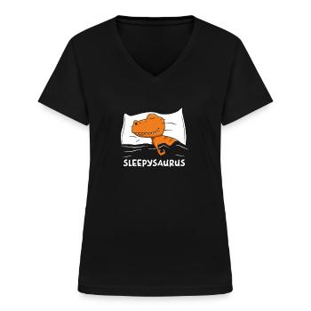 Sleepy Saurus Dinosaurier Schlafshirt - Frauen-T-Shirt mit V-Ausschnitt - Schwarz - Vorne - Lela (165cm)