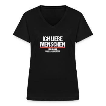 Ich liebe Menschen und Ironie und Sarkasmus - Frauen-T-Shirt mit V-Ausschnitt - Schwarz - Vorne - Lela (165cm)