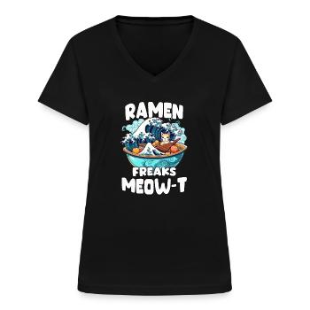 Kawaii Katze und Ramen Otaku Geschenk Neko Ramen - Frauen-T-Shirt mit V-Ausschnitt - Schwarz - Vorne - Lela (165cm)