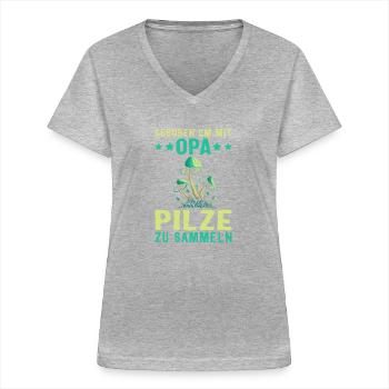 Opa essbare Pilze Steinpilz - Frauen-T-Shirt mit V-Ausschnitt - Grau meliert - Vorne - Lela (165cm)