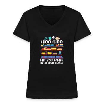 Mit Volldampf in die Erste klasse Eisenbahn Zug - Frauen-T-Shirt mit V-Ausschnitt - Schwarz - Vorne - Lela (165cm)