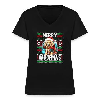 Hässlicher Weihnachtspullover Golden Retriever Hund - Hund - Frauen-T-Shirt mit V-Ausschnitt - Schwarz - Vorne - Lela (165cm)