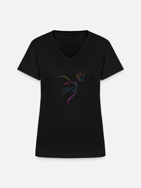 Katze mit Schmetterling - Frauen-T-Shirt mit V-Ausschnitt - Schwarz