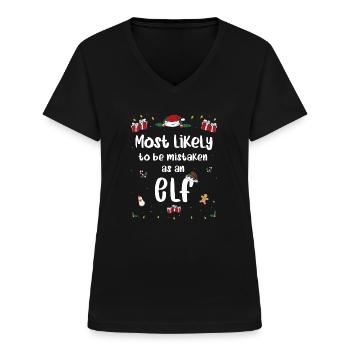 Am ehesten wird man mit einer Elfenfamilie verwechselt - Frauen-T-Shirt mit V-Ausschnitt - Schwarz - Vorne - Lela (165cm)