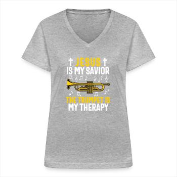 Christlicher Trompeter Musik Anbetungsspaß - Frauen-T-Shirt mit V-Ausschnitt - Grau meliert - Vorne - Lela (165cm)