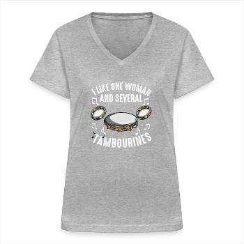 Tamburin für Männer Frauen Lustiger Tamburinspieler - Frauen-T-Shirt mit V-Ausschnitt - Grau meliert - Vorne - Lela (165cm)
