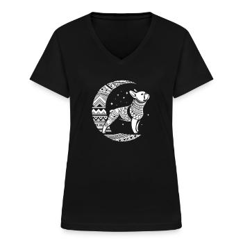 Bouledogue français Tribal Phases de lune - T-shirt col V Femme - noir - Devant - Lela (165cm)