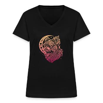 Bruxelles Griffon Tribal Phases de Lune - T-shirt col V Femme - noir - Devant - Lela (165cm)