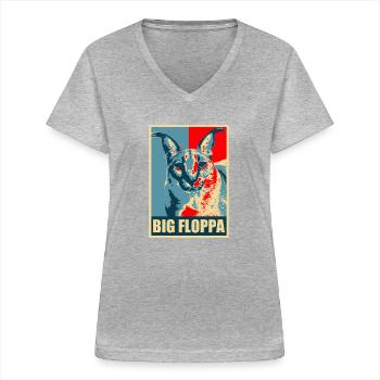 Big Floppa Karakal Cat Meme - T-shirt col V Femme - gris chiné - Devant - Lela (165cm)