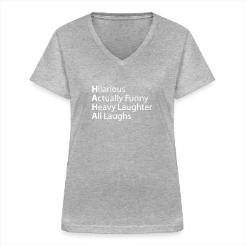 Haha sjov, faktisk tung latter - T-shirt med V-hals til damer - gråmeleret - Foran - Lela (165cm)