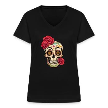 Rose Skelett Muertos Tag Des Toten Halloween - Frauen-T-Shirt mit V-Ausschnitt - Schwarz - Vorne - Lela (165cm)