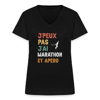 je peux pas j'ai marathon et apéro vintage - T-shirt col V Femme - noir - Devant - Lela (165cm)