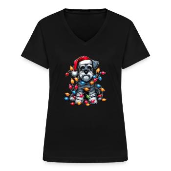 Zwergschnauzer Hund Weihnachtsmütze Xmas - Frauen-T-Shirt mit V-Ausschnitt - Schwarz - Vorne - Lela (165cm)