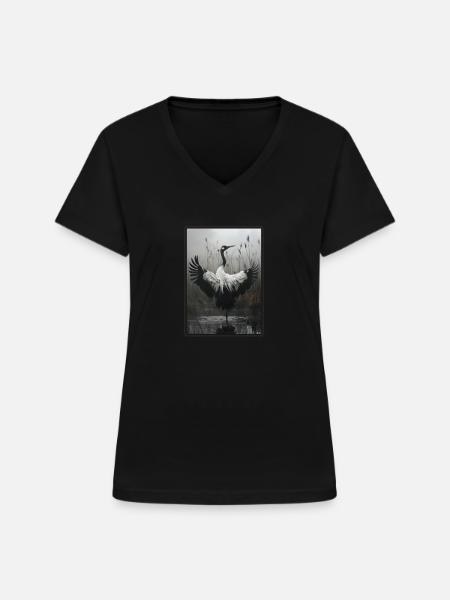 Kraniche Kranich - Frauen-T-Shirt mit V-Ausschnitt - Schwarz