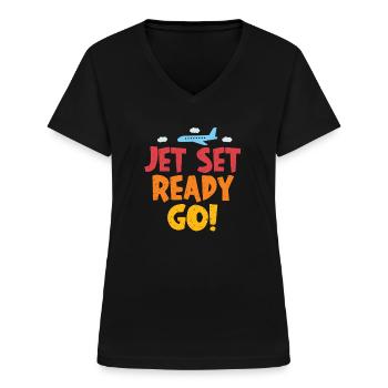 Jet Set Ready Go Flugzeug Urlaubsmodus - Frauen-T-Shirt mit V-Ausschnitt - Schwarz - Vorne - Lela (165cm)