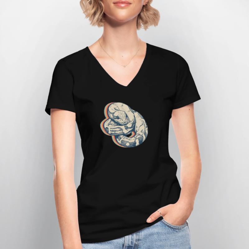 Kugelpython Schlange Retro Line Art Frauen-T-Shirt mit V-Ausschnitt