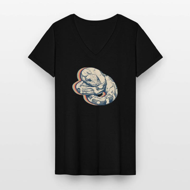 Kugelpython Schlange Retro Line Art Frauen-T-Shirt mit V-Ausschnitt