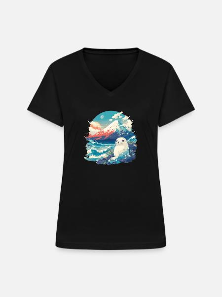 Robben Robbe - Frauen-T-Shirt mit V-Ausschnitt - Schwarz