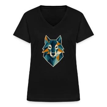 Tête de loup géométrique style polygone - T-shirt col V Femme - noir - Devant - Lela (165cm)