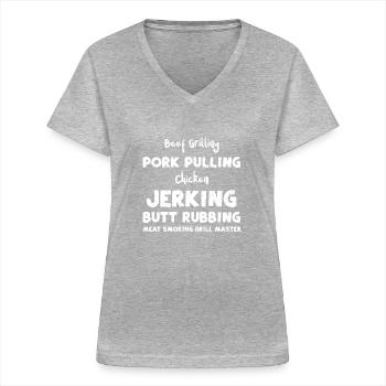 Beef Grilling Pork Pulling Chick... - Frauen-T-Shirt mit V-Ausschnitt - Grau meliert - Vorne - Lela (165cm)