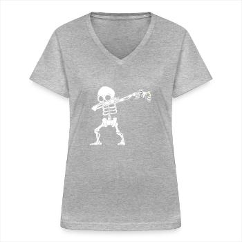 Halloween Dabbing Skeleton Gamer - Frauen-T-Shirt mit V-Ausschnitt - Grau meliert - Vorne - Lela (165cm)