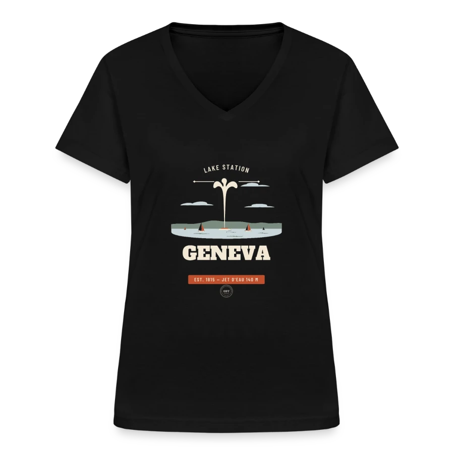 Geneva badge on a women's v-neck t-shirt, black