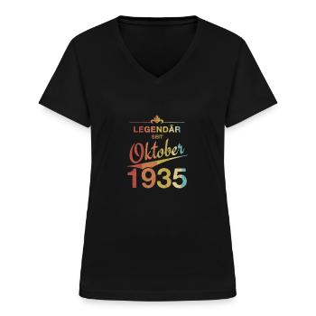 90ème Anniversaire Légendaire depuis Octobre 1935 Millésime - T-shirt col V Femme - noir - Devant - Lela (165cm)