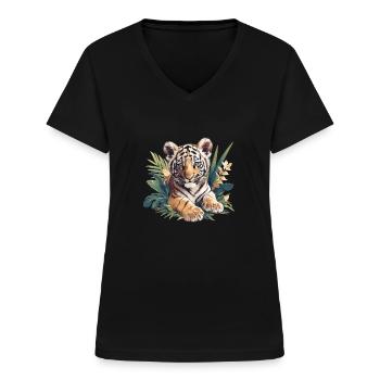 Tigre de Sumatra - T-shirt col V Femme - noir - Devant - Lela (165cm)