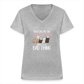 Furet, propriétaire de furet - T-shirt col V Femme - gris chiné - Devant - Lela (165cm)