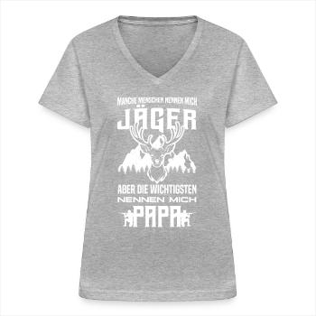 Jäger Papa Waidmannsheil Hirschgeweih Jägersprache - Frauen-T-Shirt mit V-Ausschnitt - Grau meliert - Vorne - Lela (165cm)