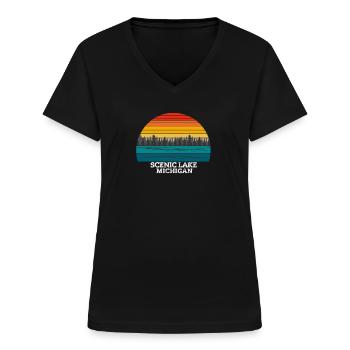 Lac Michigan pittoresque - T-shirt col V Femme - noir - Devant - Lela (165cm)