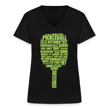 Pickleball-Begriffe Wortkunst – Paddeltypografie - Frauen-T-Shirt mit V-Ausschnitt - Schwarz - Vorne - Lela (165cm)
