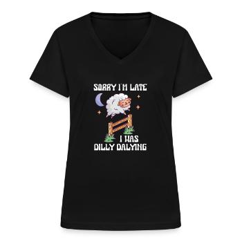 Sorry I'm Late I Was Dilly Dalying Lustiges Schaf - Frauen-T-Shirt mit V-Ausschnitt - Schwarz - Vorne - Lela (165cm)