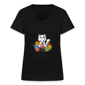 Stricken Basteln Bastler Handarbeit Katze Mieze - Frauen-T-Shirt mit V-Ausschnitt - Schwarz - Vorne - Lela (165cm)