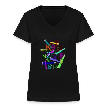 Conception de souris Fleda: lettres, chiffres et stylos - T-shirt col V Femme - noir - Devant - Lela (165cm)