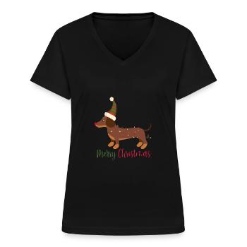 Dackel, Dachshund, Weihnachten, X-Mas, Christmas - Frauen-T-Shirt mit V-Ausschnitt - Schwarz - Vorne - Lela (165cm)