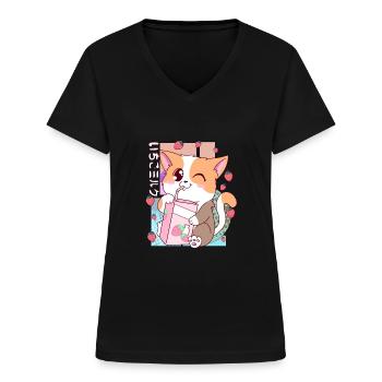 Mignon japonais Kawaii Cat Strawberry Milk Shake Nek - T-shirt col V Femme - noir - Devant - Lela (165cm)