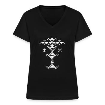 MOTIFS KABYLE AMAZIGH BERBERE - Z AMAZIGH - T-shirt col V Femme - noir - Devant - Lela (165cm)