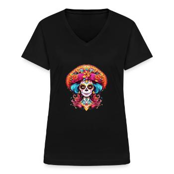 Dia de los Muertos La Catrina Femmes Halloween - T-shirt col V Femme - noir - Devant - Lela (165cm)