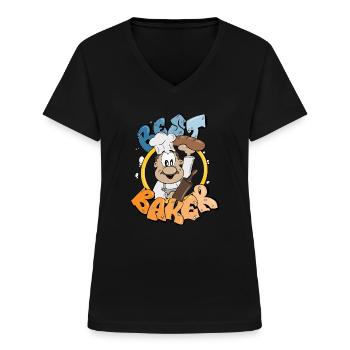 Best Baker with Bread in the Bakery Comic Figure - Women's V-neck T-shirt - black - Front - Lela (165cm)